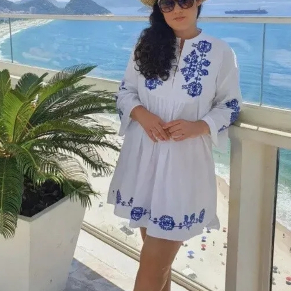 Zara White With Blue Floral Embroidery Dress Boho Retro XS 100% Cotton‎